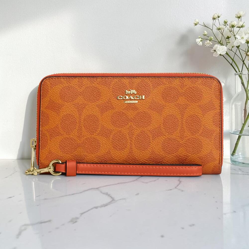 Coach CW778 Long Zip Wallet Signature Canvas Gold/Bright Canyon Orange NWT
